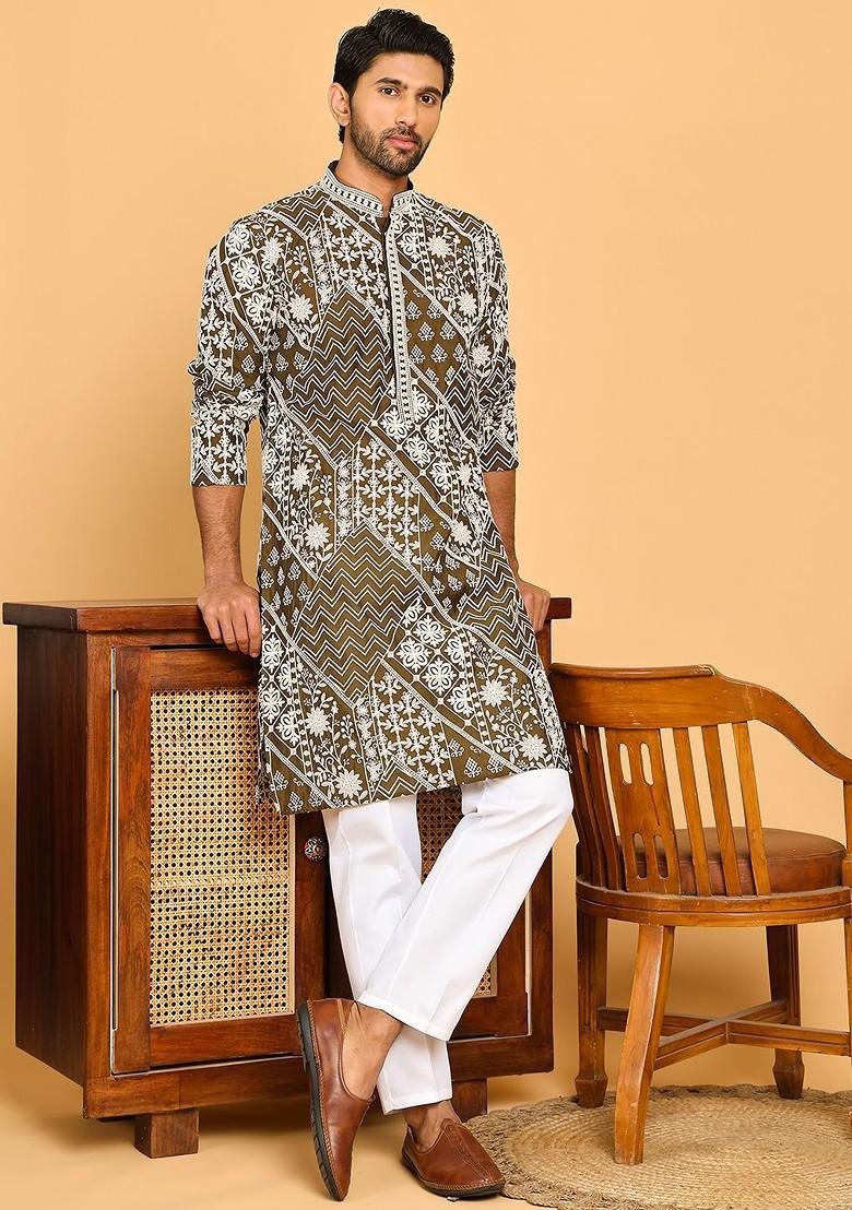 Green Embroidered Poly Blend Kurta Set For Men