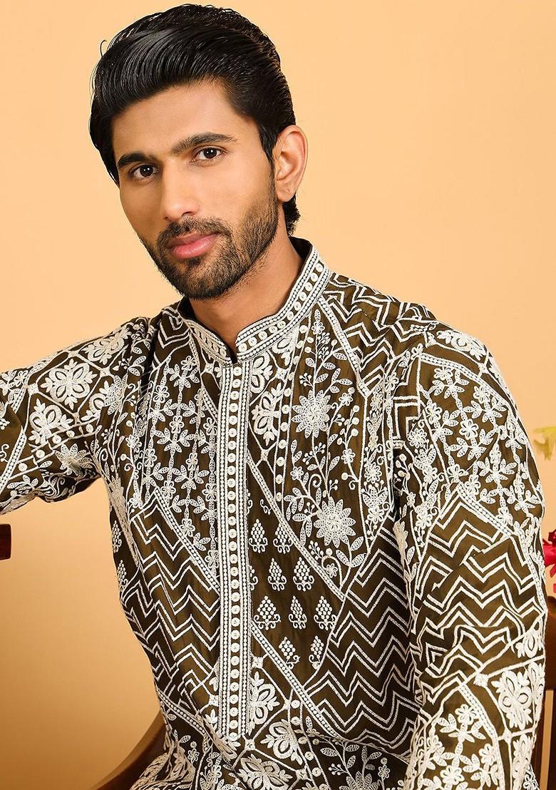 Green Embroidered Poly Blend Kurta Set For Men