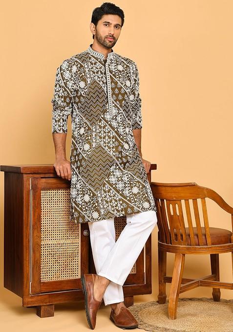 Green Embroidered Poly Blend Kurta Set For Men