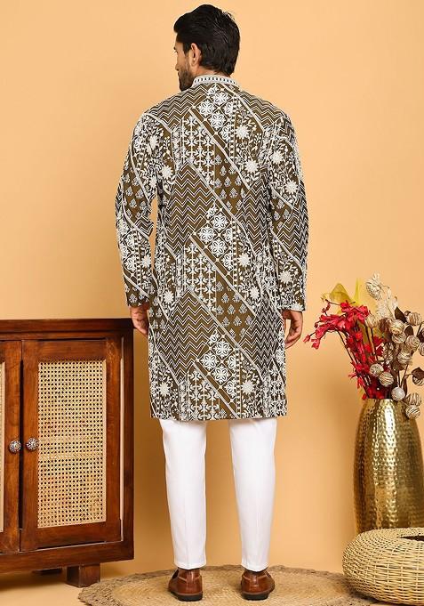 Green Embroidered Poly Blend Kurta Set For Men