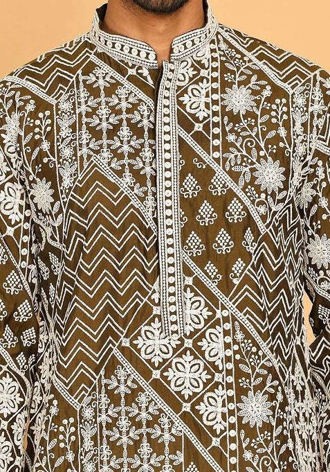 Green Embroidered Poly Blend Kurta Set For Men