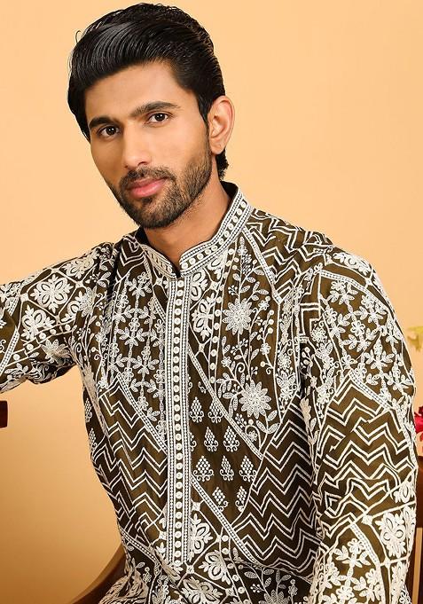 Green Embroidered Poly Blend Kurta Set For Men