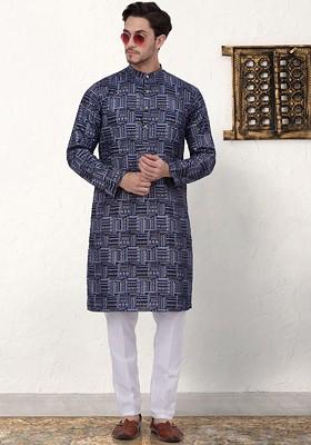 Navy Blue Printed Poly Blend Kurta Set For Men