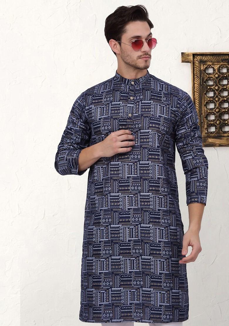 Navy Blue Printed Poly Blend Kurta Set For Men