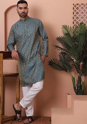 Blue Woven Design Poly Blend Kurta Set For Men