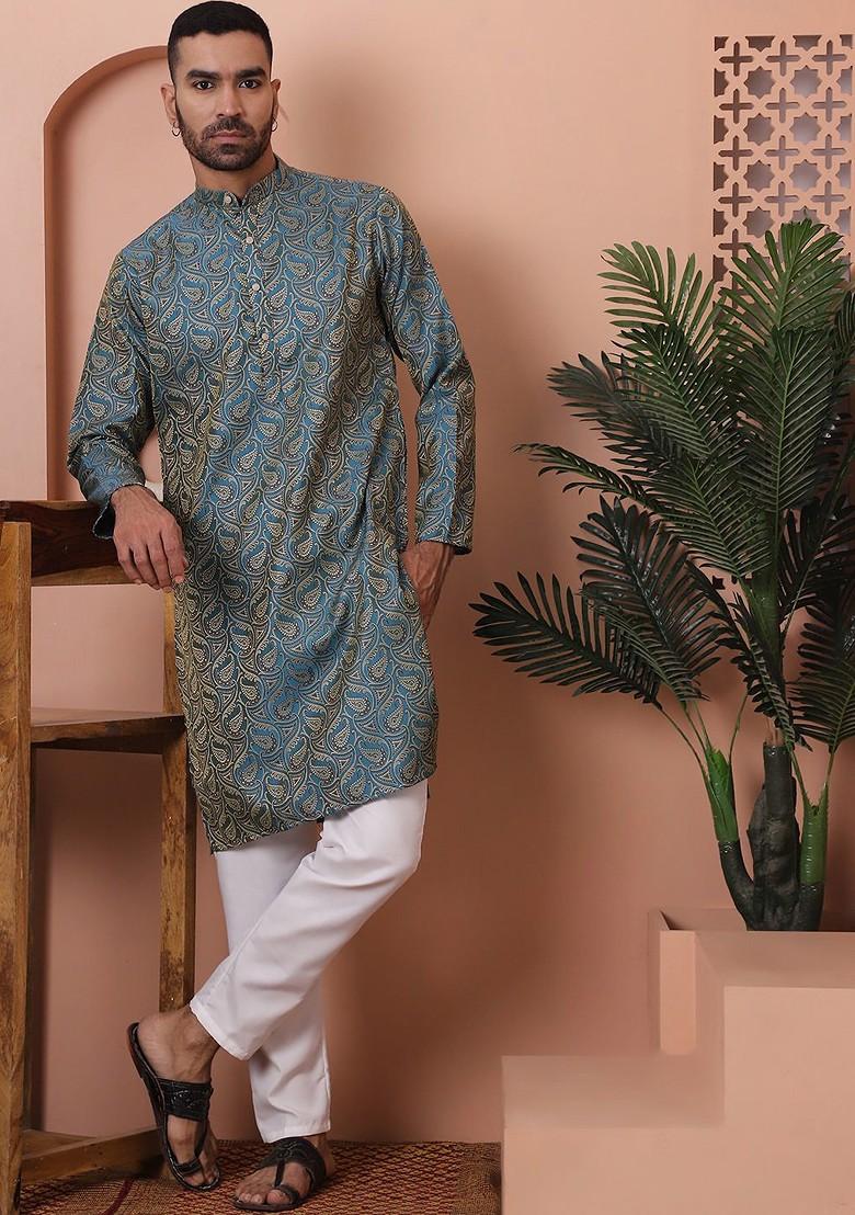 Blue Woven Design Poly Blend Kurta Set For Men