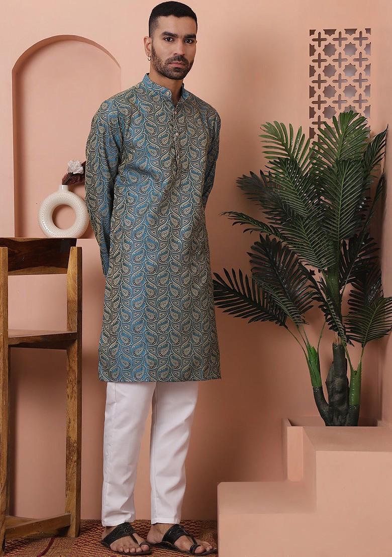 Blue Woven Design Poly Blend Kurta Set For Men