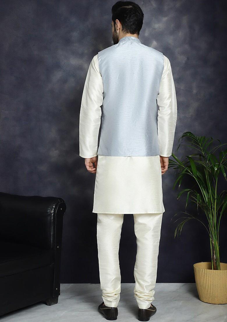 Grey Embroidered Poly Blend Kurta Set For Men