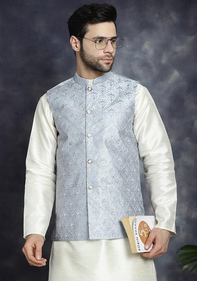 Grey Embroidered Poly Blend Kurta Set For Men