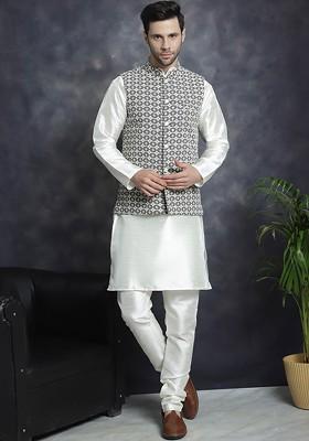 Grey Embroidered Poly Blend Kurta Set For Men