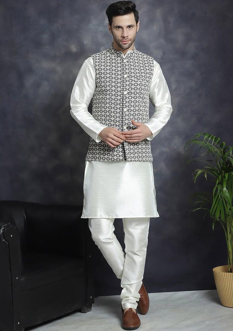 Grey Embroidered Poly Blend Kurta Set For Men