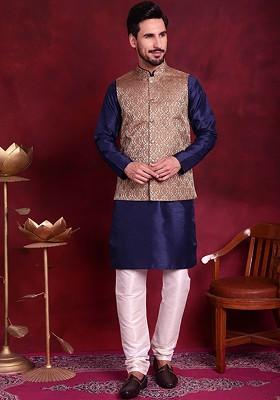 Navy Blue Embroidered Poly Blend Kurta Set For Men