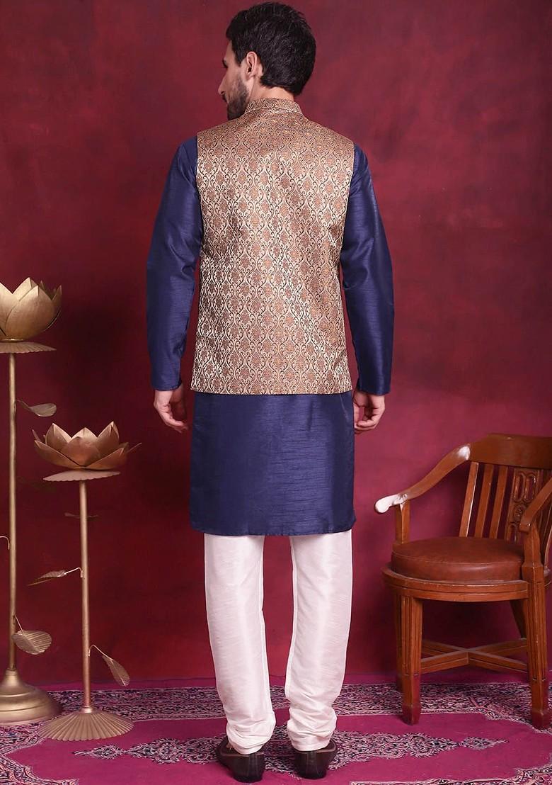 Navy Blue Embroidered Poly Blend Kurta Set For Men