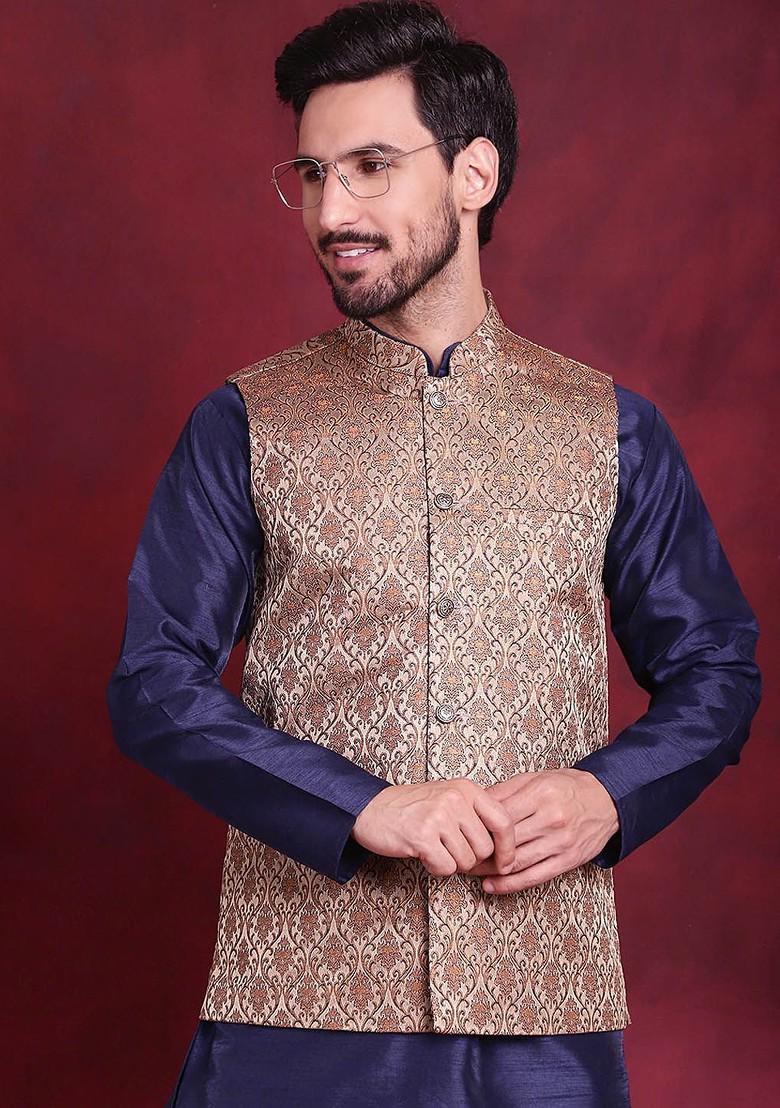 Navy Blue Embroidered Poly Blend Kurta Set For Men