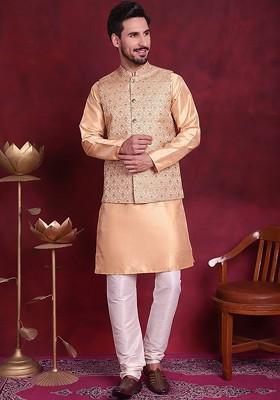 Cream Woven Design Poly Blend Kurta Set For Men