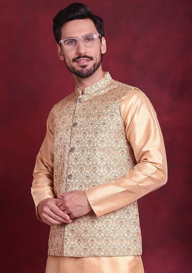 Cream Woven Design Poly Blend Kurta Set For Men