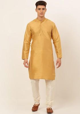 Gold Embroidered Poly Blend Kurta Set For Men