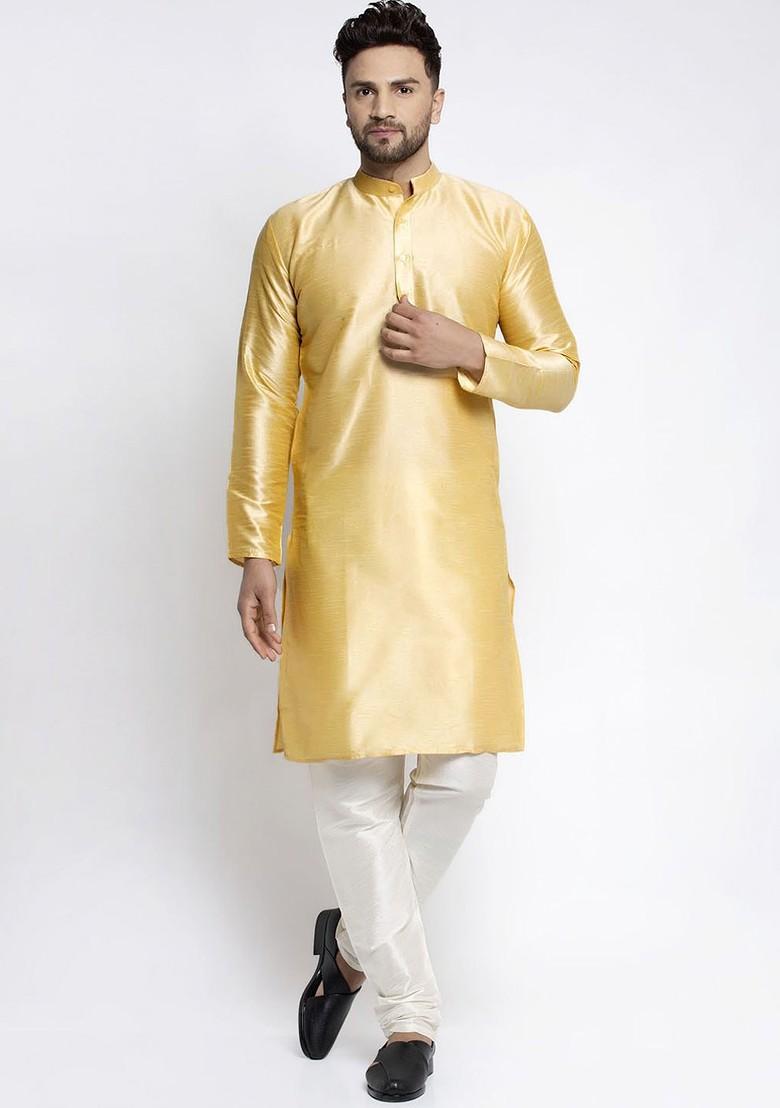Gold Embroidered Poly Blend Kurta Set For Men