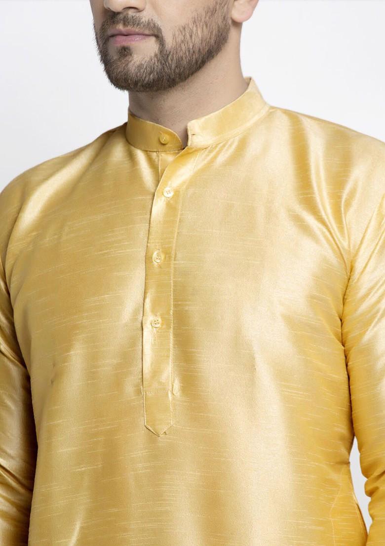 Gold Embroidered Poly Blend Kurta Set For Men