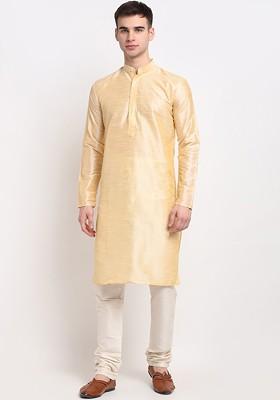 Gold Embroidered Poly Blend Kurta Set For Men