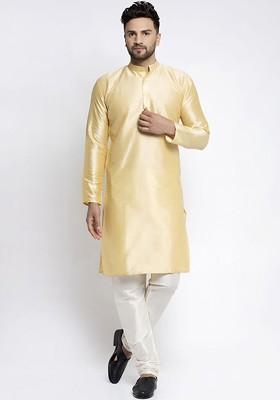 Gold Embroidered Poly Blend Kurta Set For Men