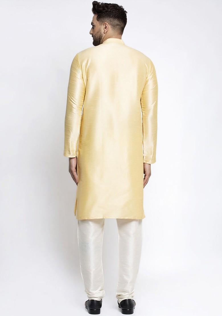 Gold Embroidered Poly Blend Kurta Set For Men