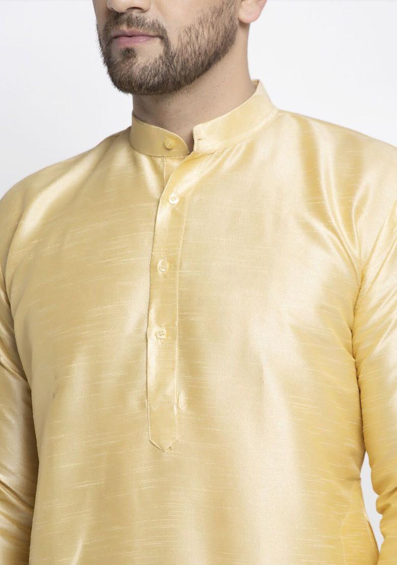 Gold Embroidered Poly Blend Kurta Set For Men
