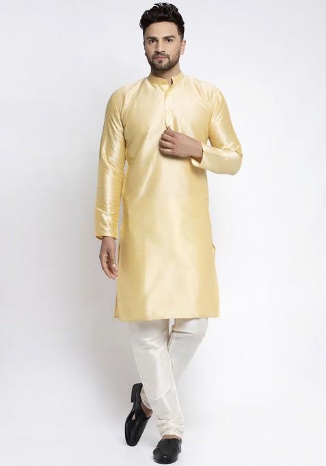 Gold Embroidered Poly Blend Kurta Set For Men — view on Indya