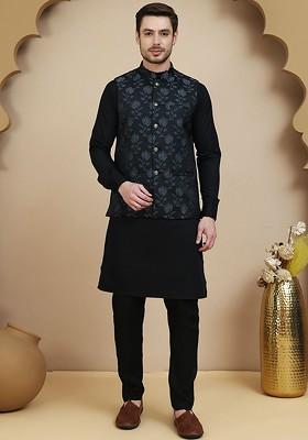 Black Ethnic Motif Poly Blend Kurta Set For Men
