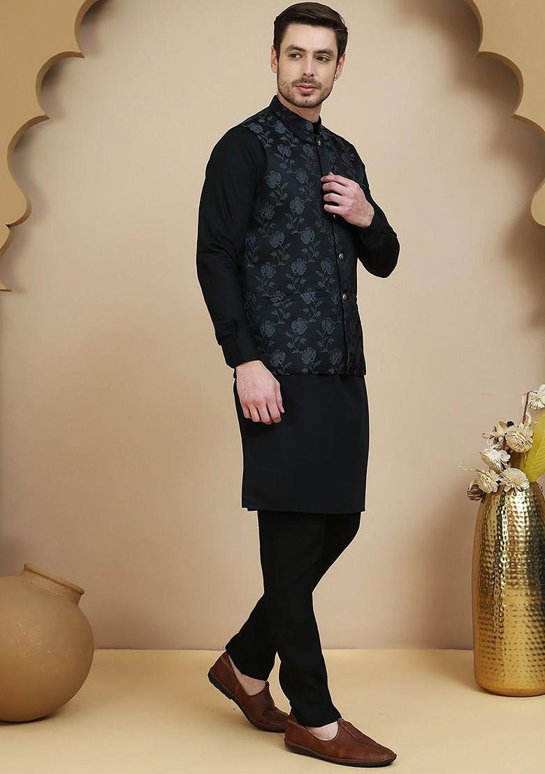 Black Ethnic Motif Poly Blend Kurta Set For Men