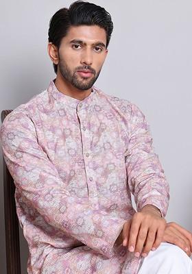 Purple Embroidered Poly Blend Kurta Set For Men