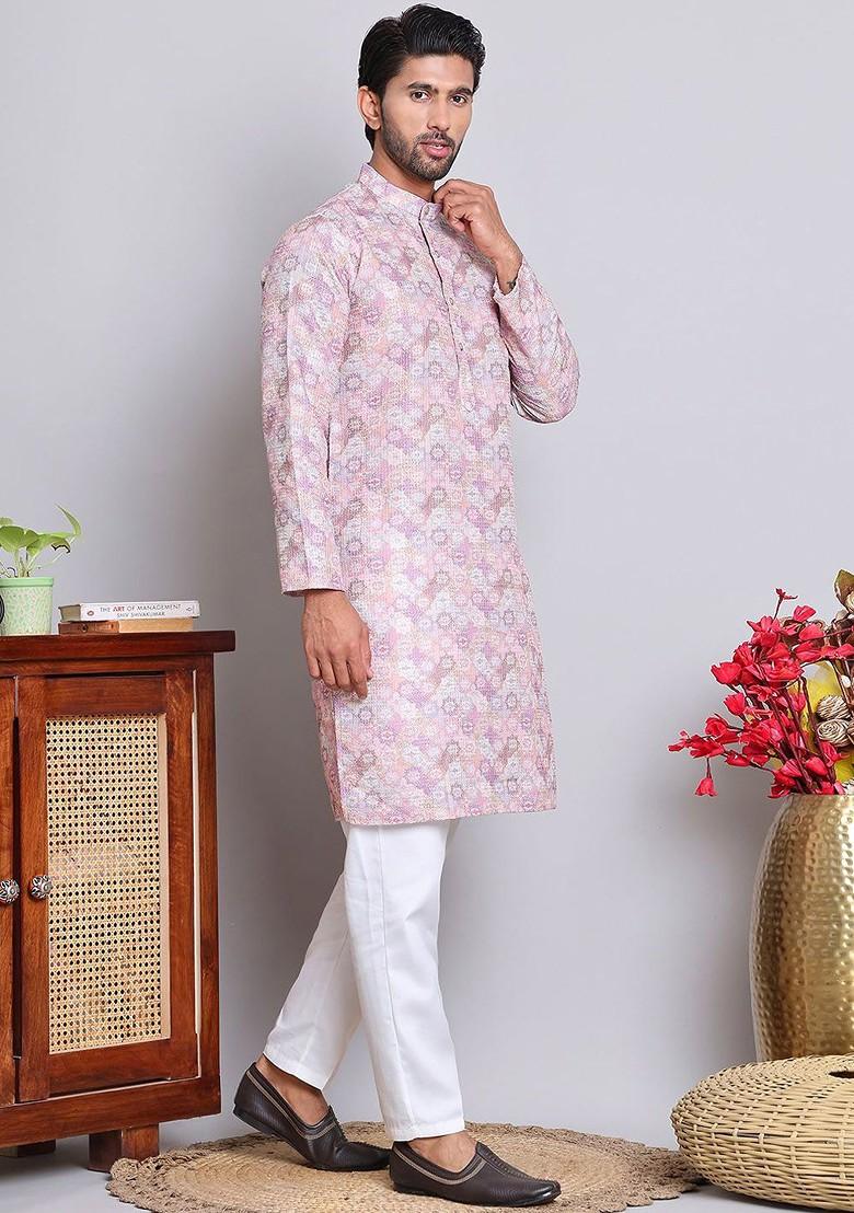 Purple Embroidered Poly Blend Kurta Set For Men