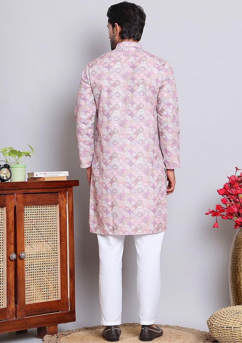 Purple Embroidered Poly Blend Kurta Set For Men