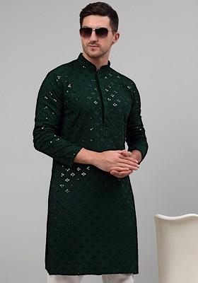 Green Embroidered Poly Blend Kurta Set For Men
