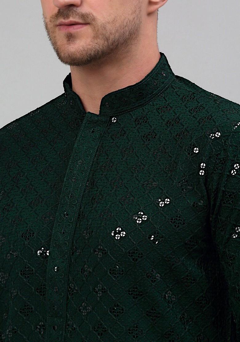Green Embroidered Poly Blend Kurta Set For Men