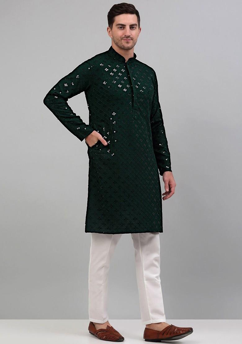 Green Embroidered Poly Blend Kurta Set For Men