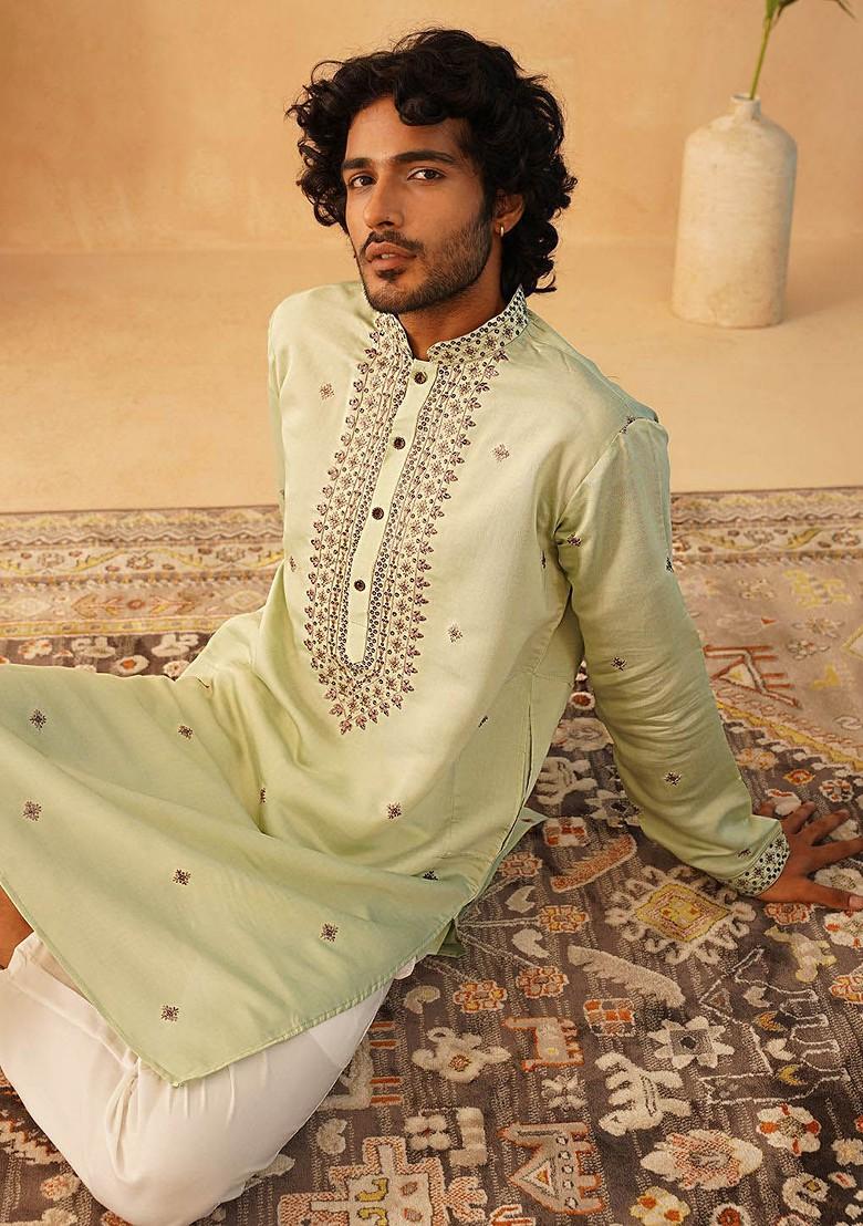Green Embroidered Poly Blend Kurta Set For Men
