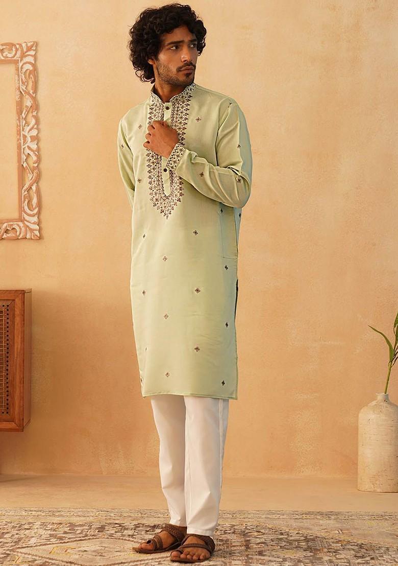 Green Embroidered Poly Blend Kurta Set For Men