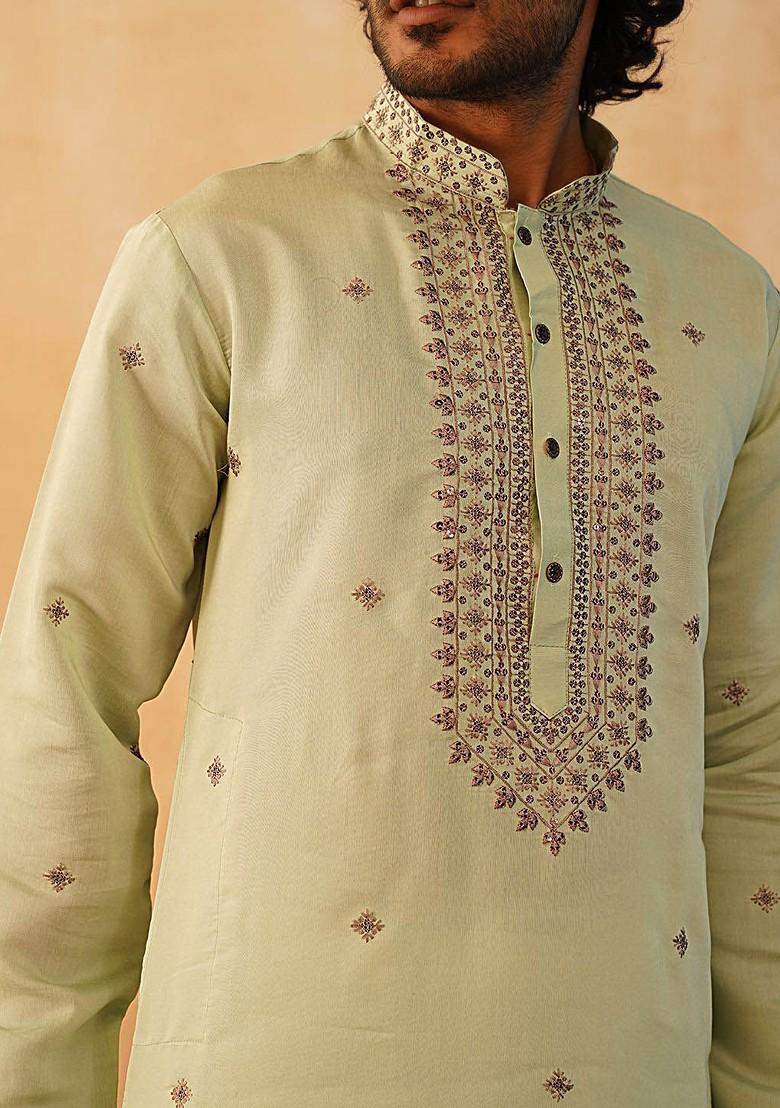 Green Embroidered Poly Blend Kurta Set For Men