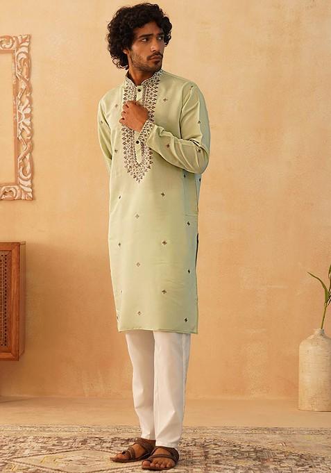 Green Embroidered Poly Blend Kurta Set For Men