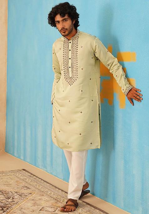 Green Embroidered Poly Blend Kurta Set For Men