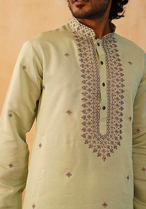 Green Embroidered Poly Blend Kurta Set For Men