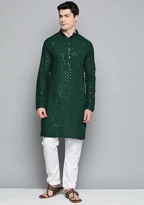 Green Embroidered Poly Blend Kurta Set For Men