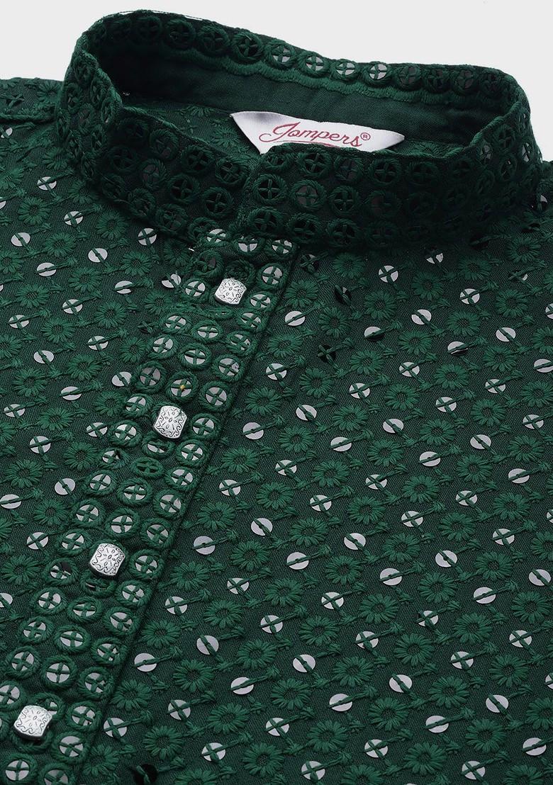 Green Embroidered Poly Blend Kurta Set For Men