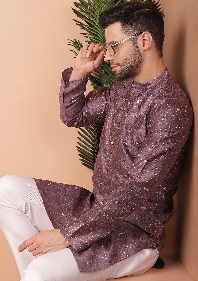Purple Embroidered Poly Blend Kurta Set For Men