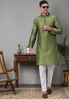 Green Woven Design Poly Blend Kurta Set For Men