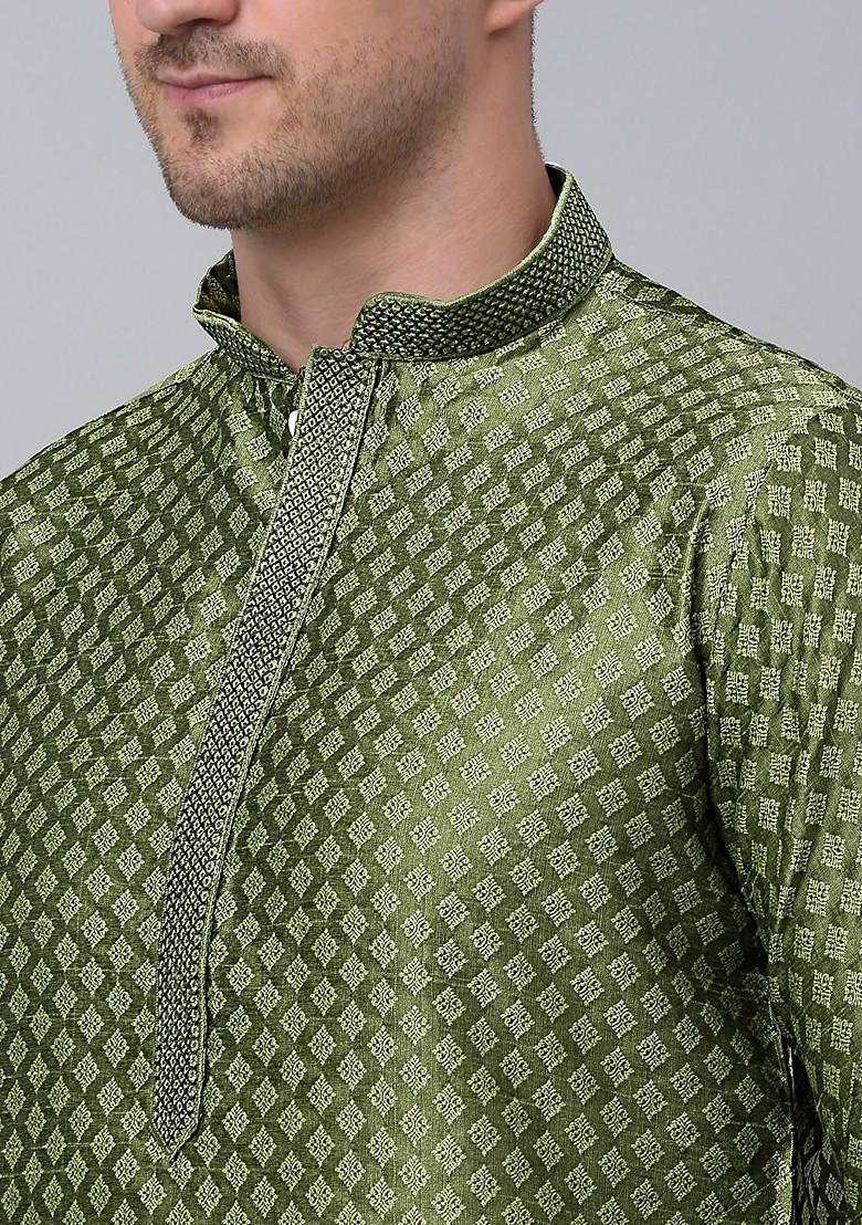 Green Woven Design Poly Blend Kurta Set For Men