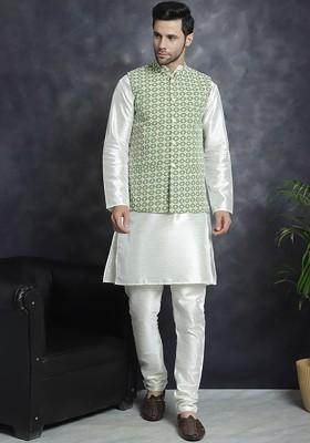 Green Printed Poly Blend Kurta Set For Men
