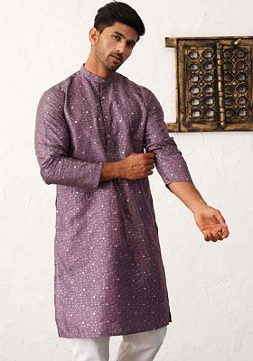 Purple Embroidered Poly Blend Kurta Set For Men