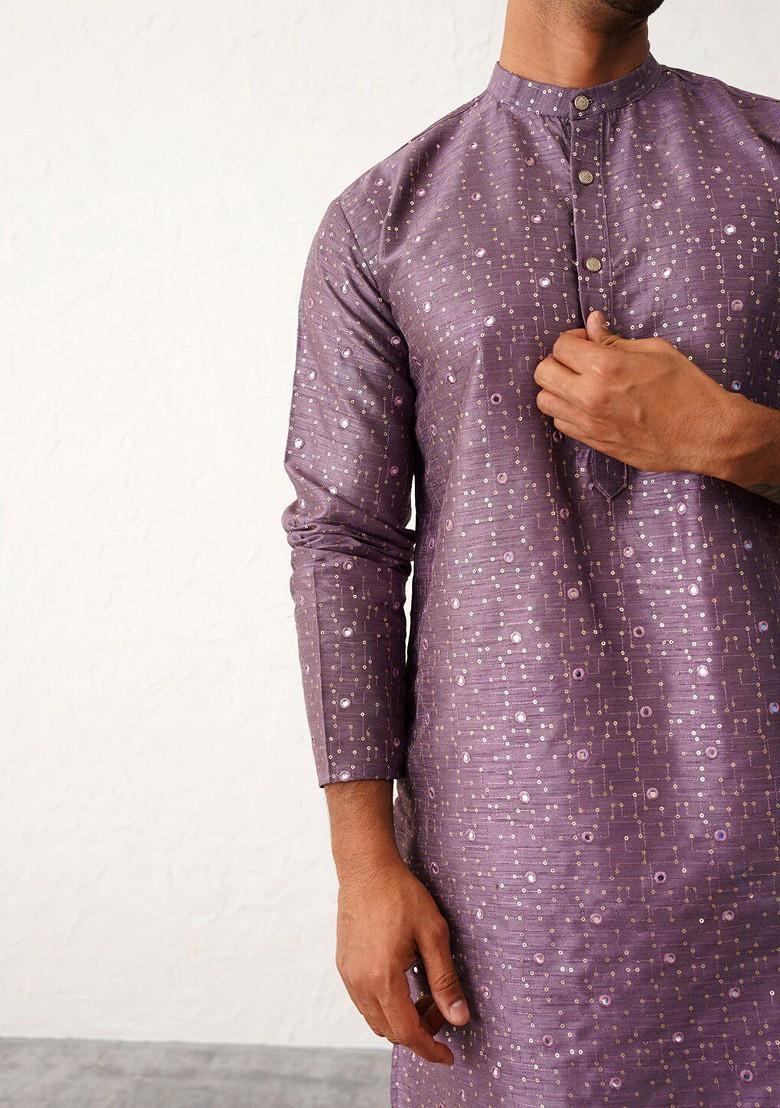 Purple Embroidered Poly Blend Kurta Set For Men